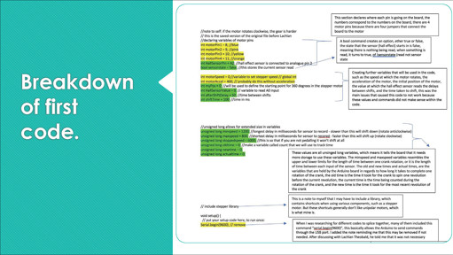 These folio pages breakdown the coding sequences used in Hugh’s system design. The code is annotated to describe its function. The sequences are colour coded to indicate where they have been adapted from.