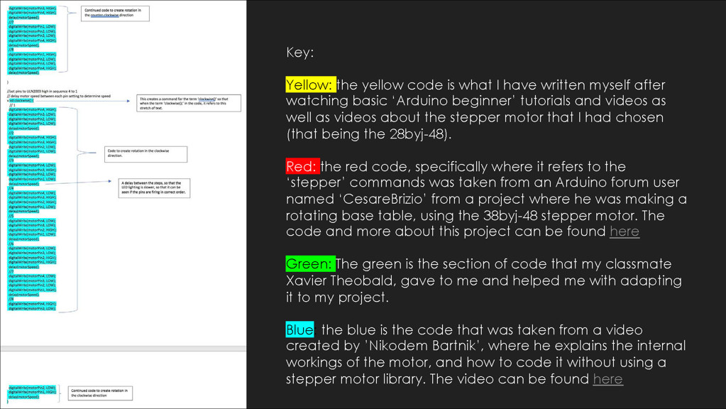 This folio page is a breakdown the coding sequences used in Hugh’s system design. The code is annotated to describe its function. The sequences are colour coded to indicate where they have been adapted from.