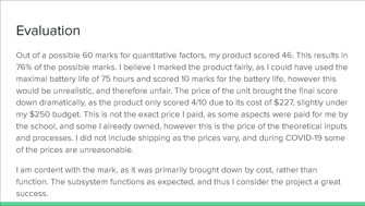 This folio page details the evaluation criteria for the sole subsystem, giving a qualitative score against each criterion, including battery life, cost, and power usage.