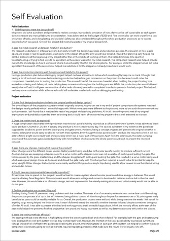 This folio page focuses on self-evaluation, giving a summary of the project’s process and end result. A table compares the final system design against a set of evaluation criteria.