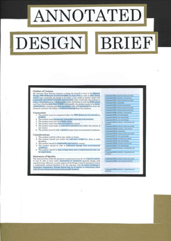This folio page is an annotated design brief, outlining which aspects of the brief meet different criteria including purpose, economics, and user-centred design.