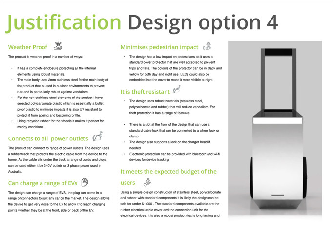 This folio page provides a justification for the chosen design option of the electric vehicle charger. The design was chosen because it meets various criteria, including weather proofing, economics, and ability to connect to all power outlets.