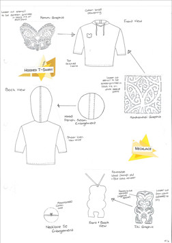 This folio page shows working drawings for designs of a hooded t-shirt and a necklace. The drawings are annotated with details about each design.