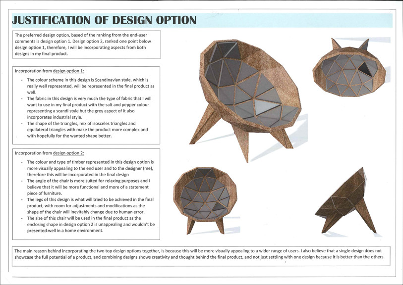 This folio page gives a justification of the preferred design option, based on rankings from the end-user. The final design has incorporated elements from two different design options that were favoured. Visualisations of the final design accompany the text.