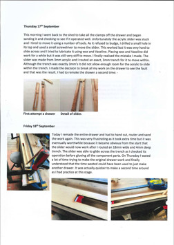 Two journal style entries that detail the production process of drawer construction. Nick details some issues that were faced during the construction and explains how these were addressed.