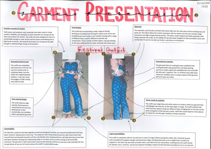 This folio page shows the final garment presentation, with images of the garment being worn by the end-user. Annotations describe the features of the final product.