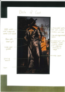 An image of the end-user wearing the completed coat. The back of the coat is visible, and the image is annotated with information about the coat’s features.