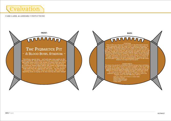 The care label and assembly instructions for the Pigbarter Pit, which form part of the product evaluation. The front and back of the care label are shown, with explanation of the product’s function and maintenance.