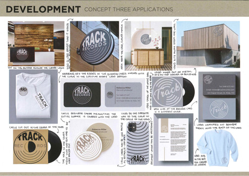 A folio page titled ‘Development: Concept three applications’. A selection of images showing how the logo could be used. Business cards, signage and merchandise are shown. Each image is annotated. 