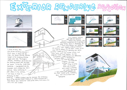 A folio page titled ‘Exterior Rendering Resolution’. Screenshots taken from the program Illustrator show how Olivia created the render for her building. The images are annotated. 