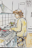 Sketch of a person cooking in a frypan