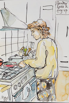 Sketch of a person cooking in a frypan