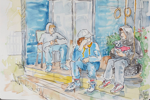 Sketch of three teenage boys on the front porch