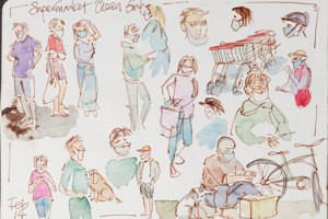 Sketch of different people at the supermarket