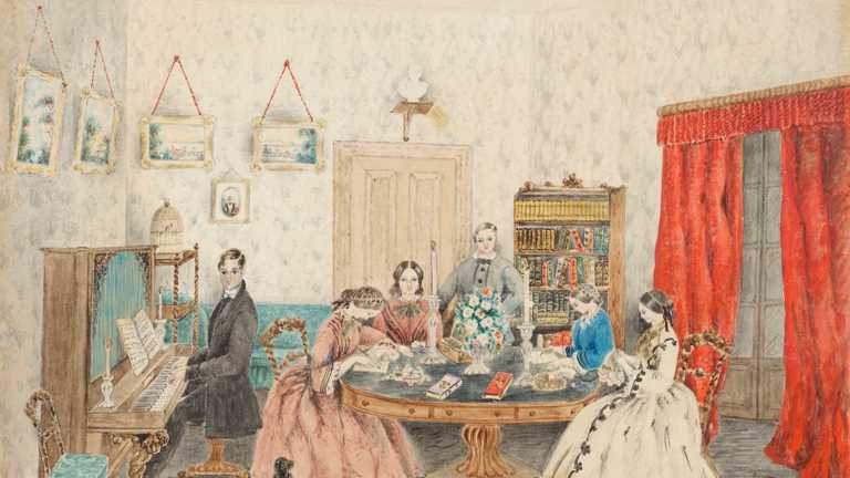 a painting of five women sitting around a round table stitching while a man sits at a piano to the left
