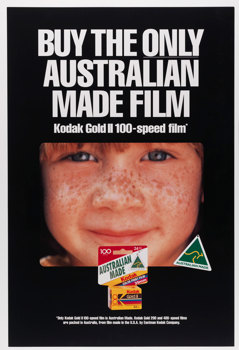 Poster with a black background featuring a close up image of a child's face. White text "Buy the only Australian made film" appears above the image and a box of film below.
