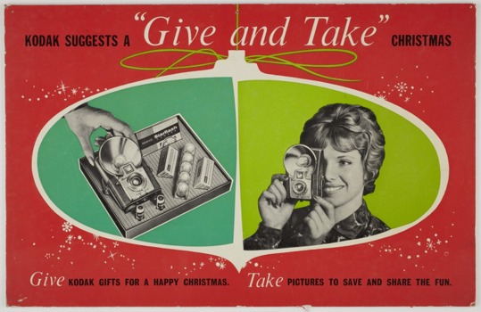 Rectangular, red and green cardboard poster with black and white images and printed text.