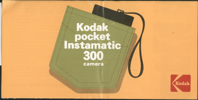 Yellow background with a Khaki green pocket with a black camera poking out of the top of the pocket. White text on the pocket says  'Kodak Pocket Instamatic 300 Camera'