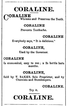 Newspaper advertisement from 1878 for a product named Coraline