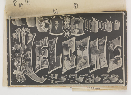Photographic postcard featuring images of people inside graphic text