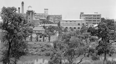 A view of factory buildings on the bank of a river from the opposite side