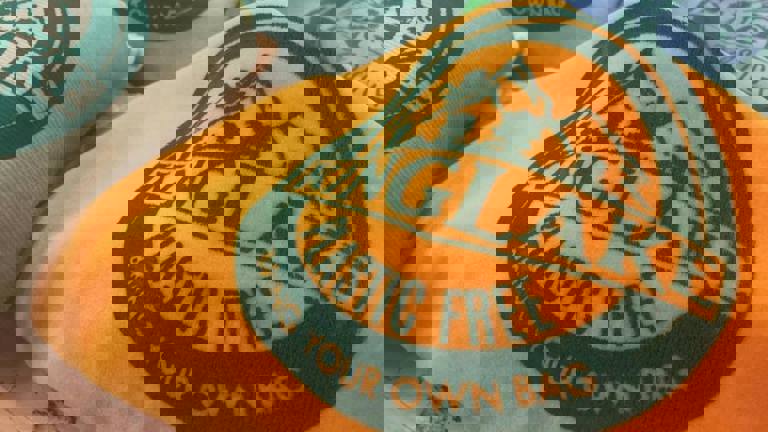 Detail of fabric screen printed with a logo