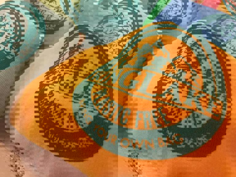 Detail of fabric screen printed with a logo