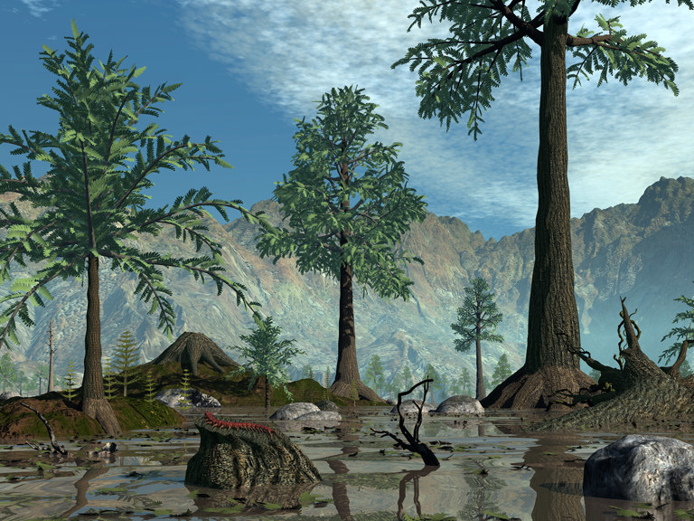 a painting of three trees with mountains behind them