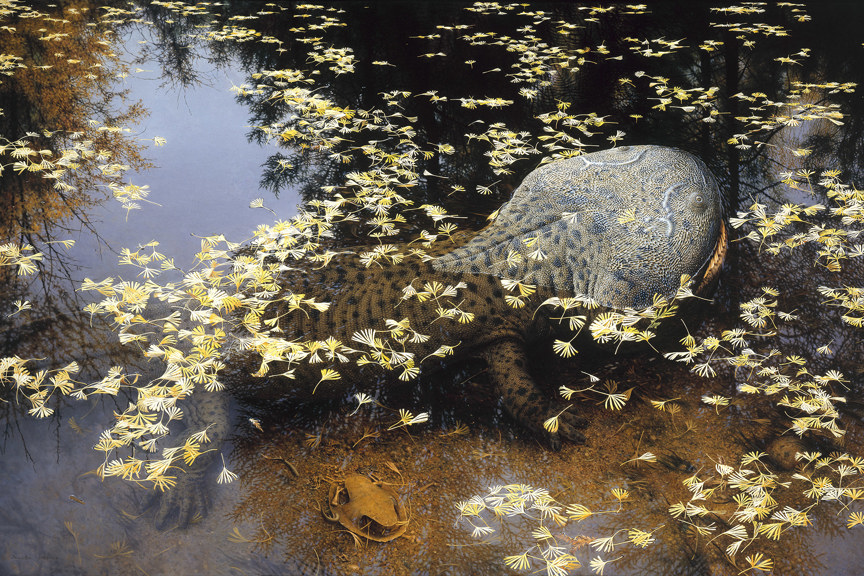 A painting of a large amphibian poking its head out of water that is covered in petal