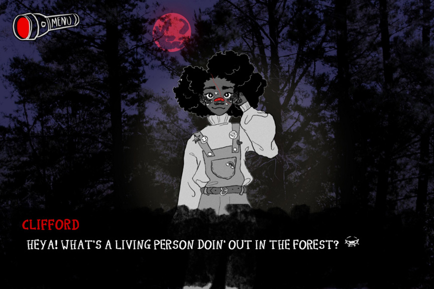 A still from the video game Tall Trees, showing a black and white illustrated character in a dark forest. There is a menu button in the upper left corner, and text at the bottom of the image reads ‘Heya! What’s a living person doin’ out in the forest?’.