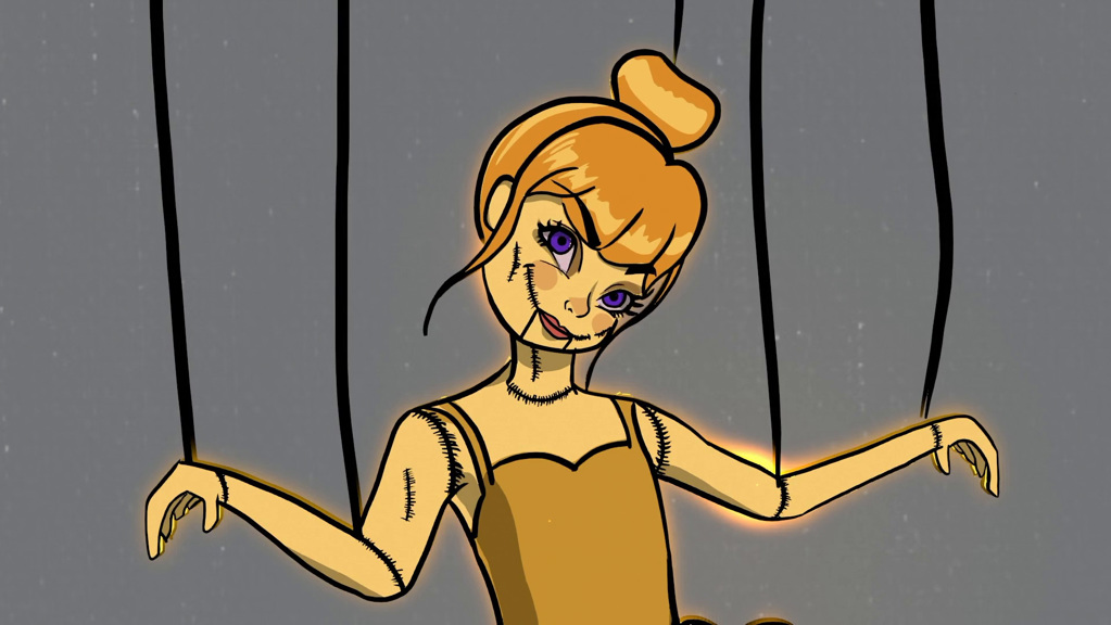 A still from an animated film, showing a puppet connected to strings with its arms outstretched. The puppet glows yellow and is smiling with wide eyes.