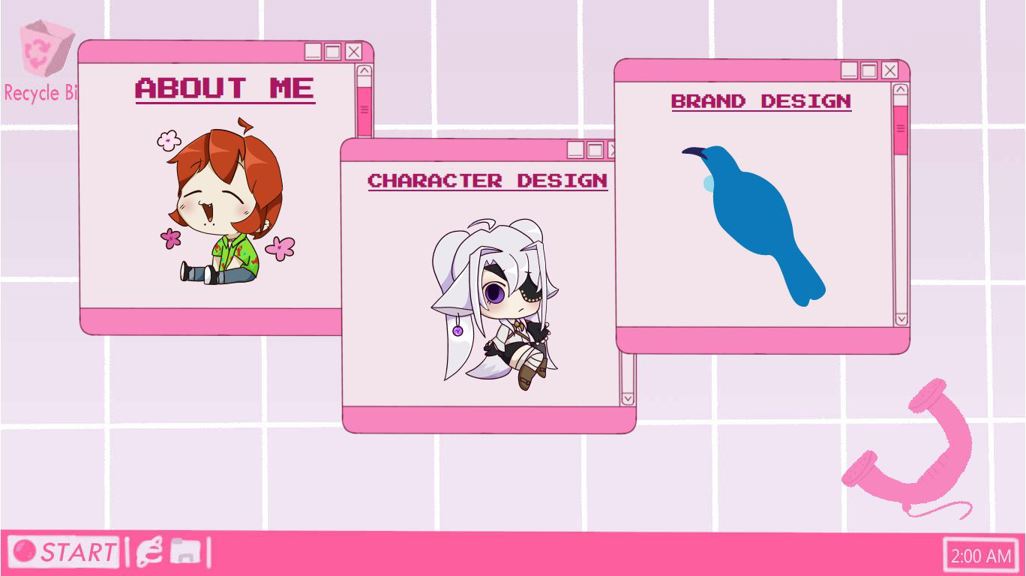 The home page of a website, with a pink background similar to a computer desktop. Three tiles overlay the background, with illustrated characters and links to pages titled ‘About Me’, ‘Character Design’, and ‘Brand Design’.