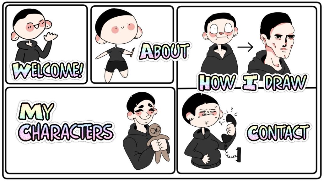 The home page of a website, with six characters illustrated in various styles. Text overlays the images, with links to pages including ‘About’, ‘My Characters’, and ‘Contact’.