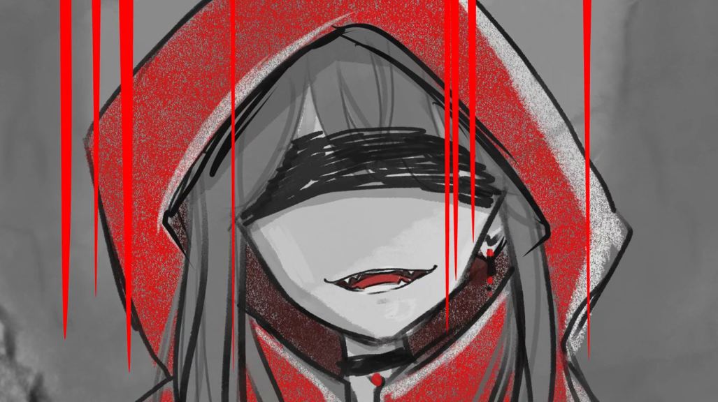 A still from an animation, showing a close-up of a vampire character wearing a red hood. The character’s eyes are obscured, and their mouth is partly open, revealing fangs. Red lines overlay the image. 