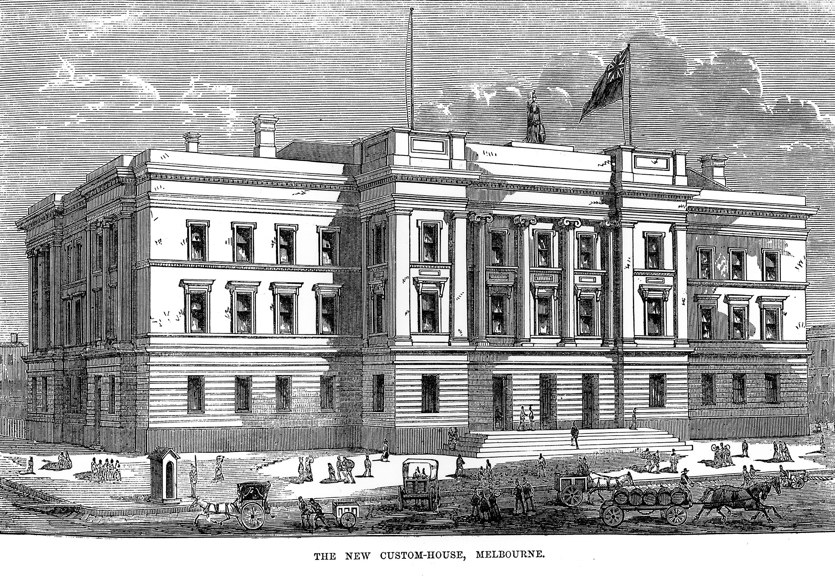 A black and white illustration of a three storey building with flags on the rooftop