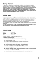 This folio page provides the design problem, design brief and client profile for the project.