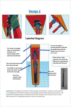 Labelled diagrams of design 2, showing plans for the system’s construction from different angles.