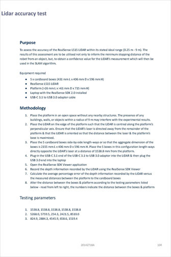 A lidar accuracy test is explained, with purpose, methodology and testing parameters set out.