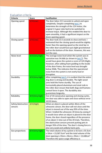 A table setting out the evaluation criteria, scoring the system against each criterion, and providing a justification for the score given. The folio is also evaluated as it relates to the system’s construction and completion.