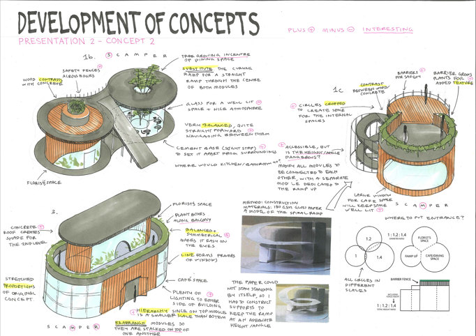 Folio page "Development of Concepts" drawings with labels and annotations