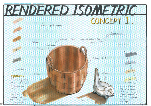 Folio page "Rendered Isometric". Annotated illustration showing colour, shading and line detail