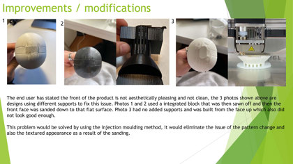 A folio page discussing improvements and modifications that were made to the final product to improve its aesthetic qualities, based on end user feedback.