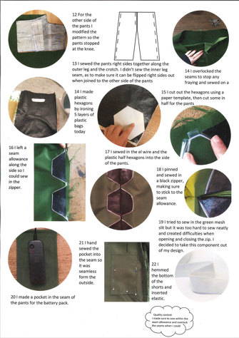 A production storyboard for the reversible pants, describing the production process with accompanying images.