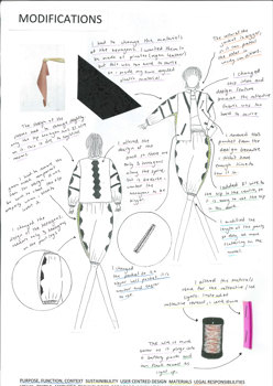 A folio page showing modifications made to the textiles design. Two illustrations of the outfit are accompanied by annotations.