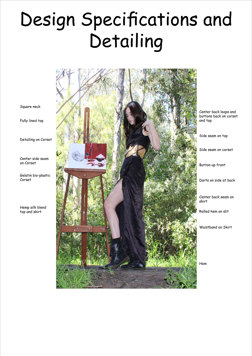 A folio page showing the design specifications and detailing for the final textiles product, with an annotated photograph of a model wearing the garment.