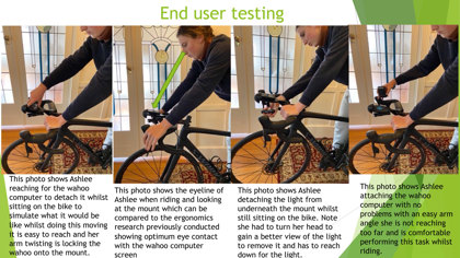 A folio page showing the end user testing the final product, with four photographs and accompanying explanatory notes about the function of the bike mount.
