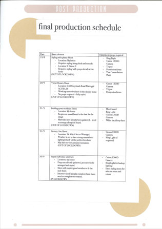 The final production schedule for the print production, outlining the shot elements and equipment used for each date of shooting.