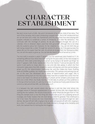  Folio page detailing the character establishment for the film Puppet Show. 