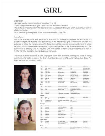 Folio page detailing the character establishment for the film Puppet Show. The character profile and part of the script are included.