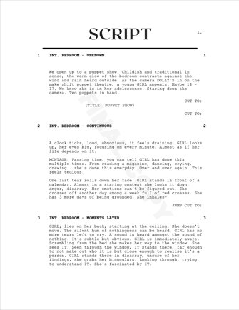 Folio page detailing part of the script  for the film Puppet Show.